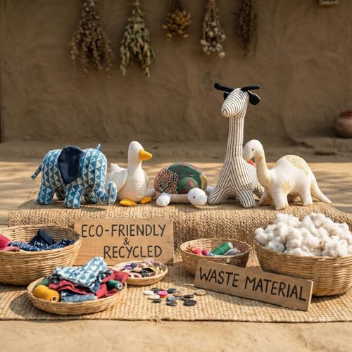 Image of Novo Baby Hand-Sewn Plush Toys - Soft Toy Set for Baby Girl & Boy | Recycled Fabric Stuffed Animal Toys | Eco-Friendly, Artisan-Made Soft Toys for Kids & Toddlers (Pack of 6)