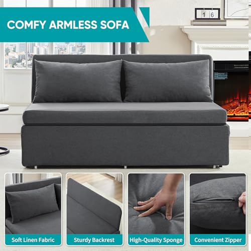 Image of BALUS 64 inch W Queen Size Pull Out Sleeper Sofa Bed Couch with Pullout Bed, 2 in 1 Convertible Linen Loveseat Sofa Sleepers with Pillows and Tri-fold Mattress for Small Space Loft Home Office, Dark Grey