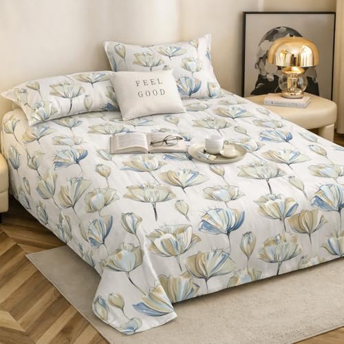 Image of Cotton Feel King Size Flat Bedsheet for Double Bed (90 x 100 Inches | 230 x 250 cm) with 2 Pillow Covers | Soft & Smooth Printed Bedsheet for Daily Use (White, King Bed-90x100)
