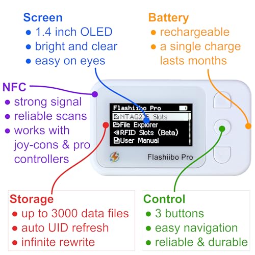 Image of Flashiibo Pro NFC Emulator, NFC Tag Emulator, 3000+ Saves, Unlimited Rewrite, Auto UID Regen, Rechargeable Battery , 1.4 inch OLED Screen, Compatible with 50+ Games on Switch 1 & 2 (White)