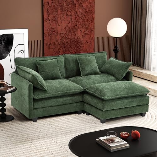 Image of Ihanherry 77 inch L Shaped Modern Sofa Modular Sectional Cloud Couch with Ottoman, 3-Seat Chenille Deep Seat Sofa with Pillow for Living Room, Bedroom and Apartment, Green