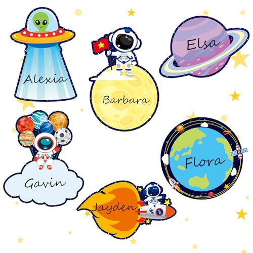 Etiquetas de nombre con temática de astronauta, placas para escritorio y recuerdo de fiesta