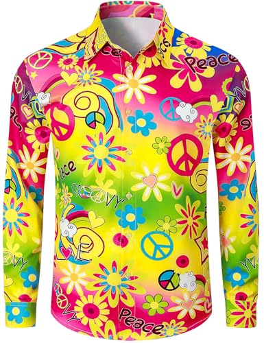 COSAVOROCK Chemise Années 60s 70s Hippie Homme Rétro Floral Shirts, Multicolore, XXL