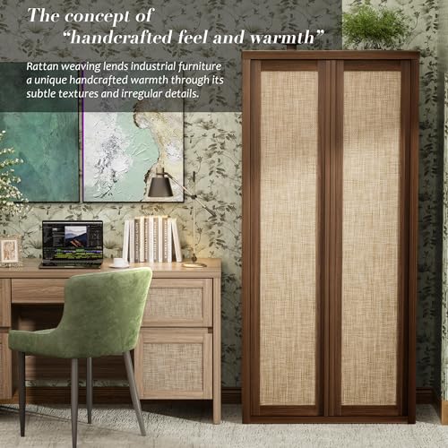 Image of Yechen 67 inch Tall Kitchen Pantry Cabinet,Rattan Storage Cabinet with Solid Wood Integrated Handle​and Adjustable Shelves, Cupboard with Doors for Livingroom, Dining Room, Dark Walnut (2 Piece)