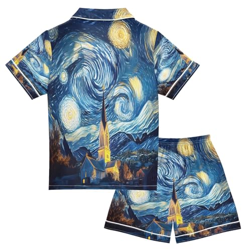 ALAZA Starry Sky House Van Gogh Satin Pajamas Set Short Sleeve Button Down Sleepwear Summer Pjs 2 Piece2