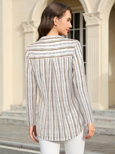 Image of Bulotus 3 /4 Length Sleeve Womens Striped Tops Zipper V Neck Collared Blouses Business Casual Tunics 2026 Spring Trendy