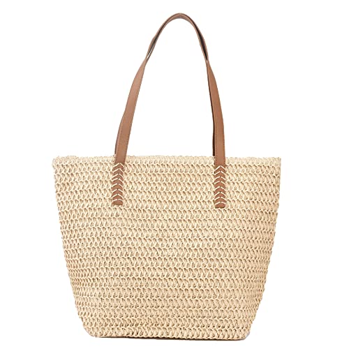 Kehpish Bolsa de praia grande de palha para mulheres, bolsa de palha de tecido com zíper bolsa de ombro de verão, Estilo A - bege, Large, Casual