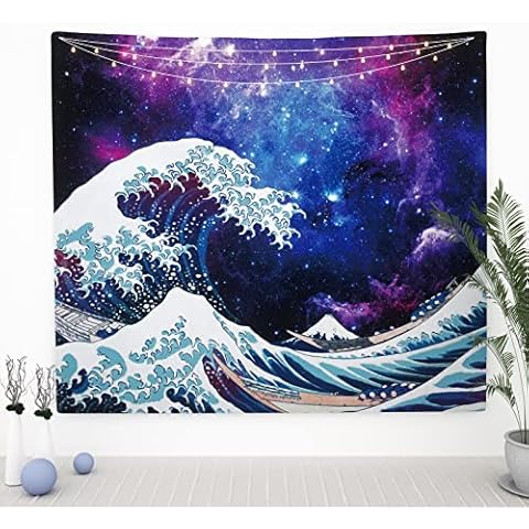 Ovenbird Wave Tapestry with Japanese Great Wave and Galaxy, Anime Tapestry for Bedroom Aesthetic, Blue, 59"X 51" Cover