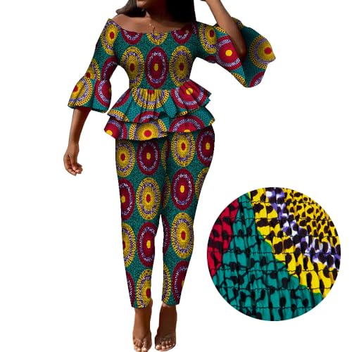 XIAOHUAGUA African Clothes for Women Ankara Kente Print Elastic Smocked 2 Piece Outfit Bodycon Pants Suit2