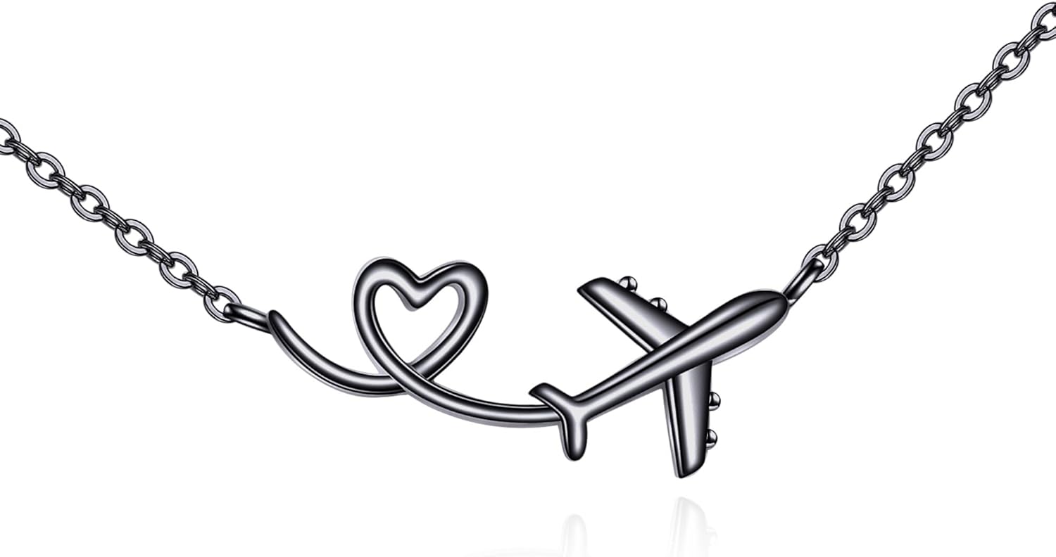 URONE Airplane Necklace 925 Sterling Silver Heart Airplane Pendant Aircraft Jewelry Gifts for Women Men