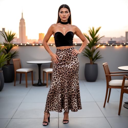 Women's Leopard Print Midi Skirt–High Waist A-Line Flowy Skirt -Soft Viscose Fabric–Lightweight Casual Skirt2
