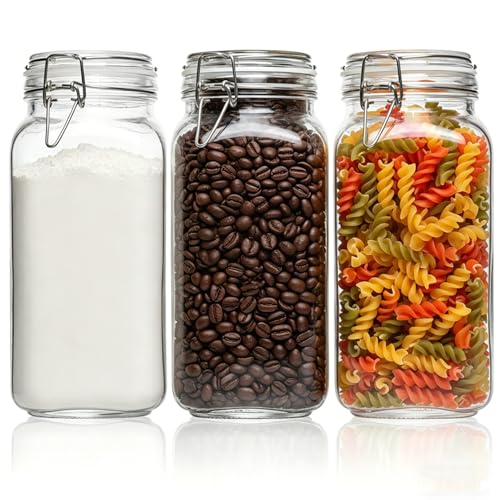 ComSaf 3-Pack 78oz Large Square Airtight Glass Jars for Bulk Food, Holds a 4lb Bag of Sugar or 5lb of Rice, Wide Mouth Canister for Flour, Coffee & Pantry Organization