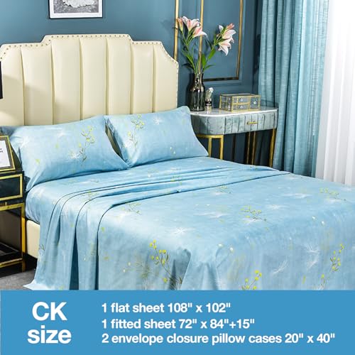 Image of JSD Blue Floral Printed Sheet Set Cal King Deep Pocket | 4 Piece Soft Botanical Microfiber Sheets, OEKO-TEX Certified, Easy Care