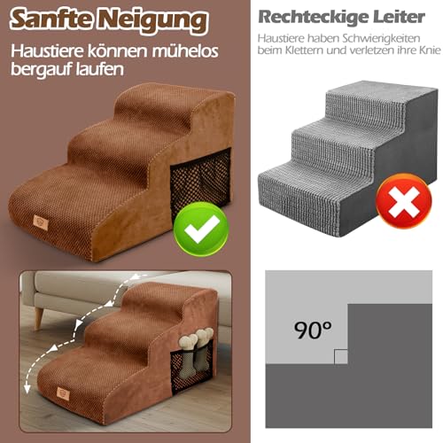 Eukue Hundetreppe 3 Stufen, Hundetreppen für Kleine Hunde und Katzen, Tragbare Hunderampe für Bett und Sofa, Hochdichtem Schaum Haustiertreppe mit Bezug und Tasche, Braun