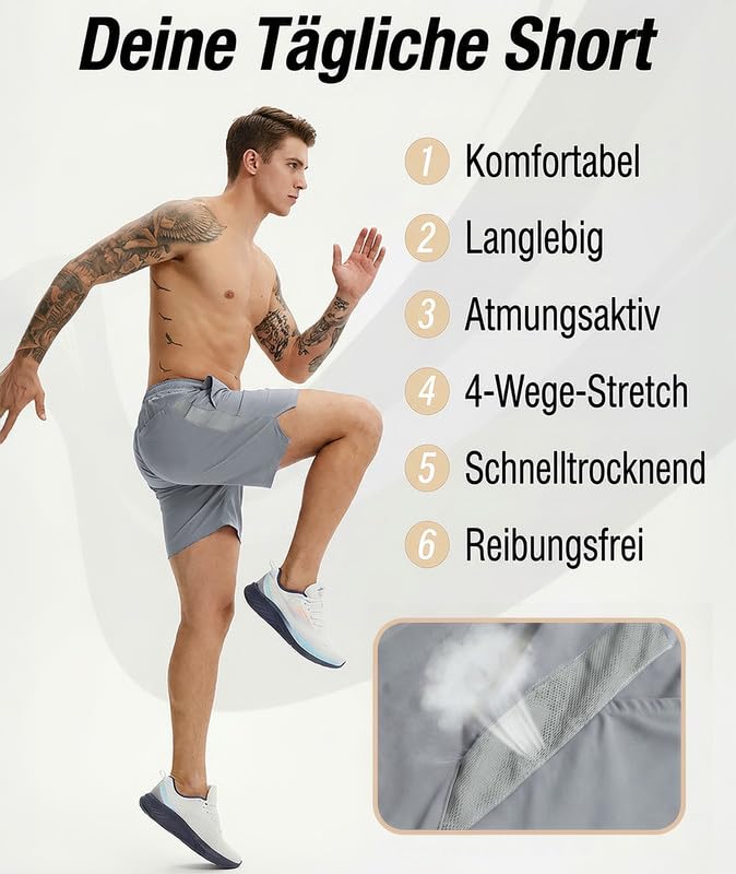 Elainone Kurze Hosen Herren Sporthose Shorts Herren Sommer mit Taschen Stretch Sport Shorts für Basketball Gym