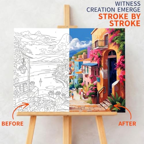 Image of Art Therapy Pcn28 Linen Canvas DIY Paint by Numbers Kit 15 x 20 Inch for Adults and Kids with 2 Set of Acrylic Oil Painting Colors with Brushes for Stress Relief & Home Decoration (Where The Sea Meets Calm)