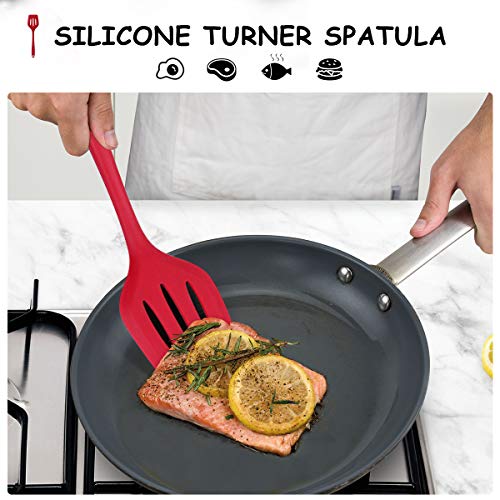 Hotec Silicone Slotted Fish Turner Spatula Set Flipper Spatulas For Baking, Cooking Heat Resistant Non Stick Cookware Strong Dishwasher Safe Red,2 #TOP2