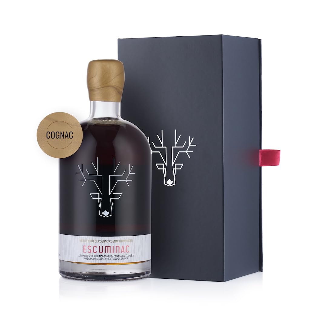 Canadian Maple Syrup, Cognac Barrel Aged. Canada Grade A, Amber Rich Taste. 500 ml Bottle With Gift Box. Pure & Organic