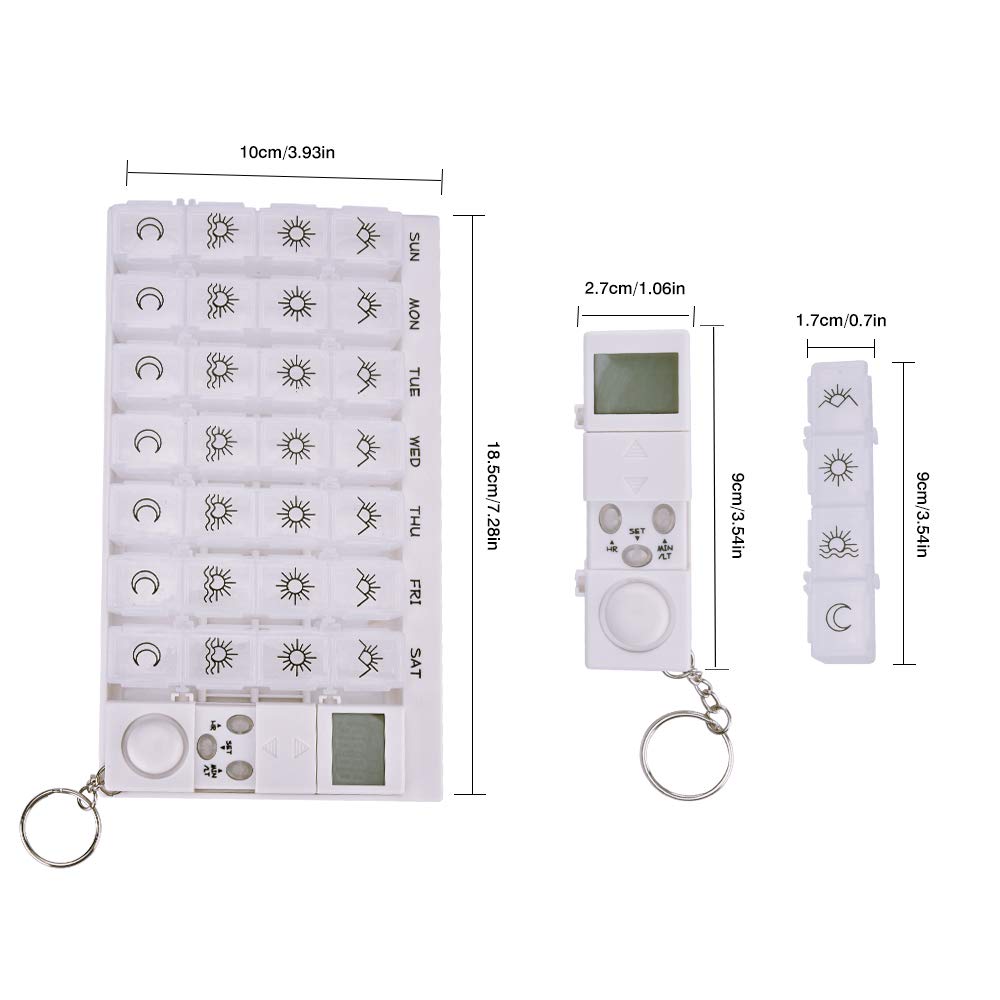 Portapillole 7 Giorni Pill Box Medicina Pillola Caso LED Timer Promemoria 28 Griglie Compresse Settimanali Dispenser di Pillole di Stoccaggio Sveglia Contenitore