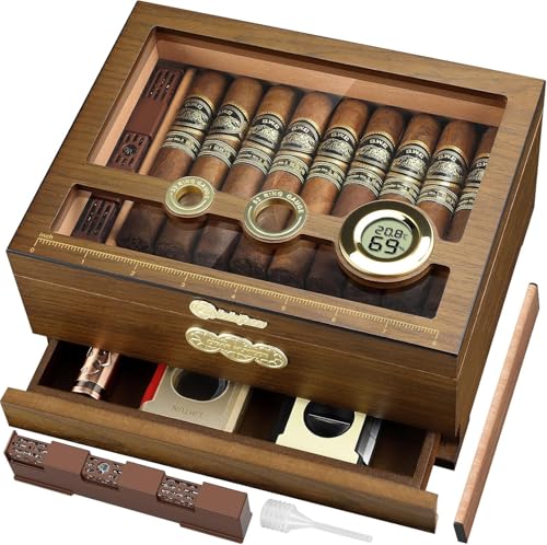 LIHTUN Glass Top Desktop Cigar Humidor, Cedar Wood Cigar Case with Digital Hygrometer, Humidifier, Cigar Accessories Drawer and Measuring Scale, Cigar Humidor Box Gift for Men