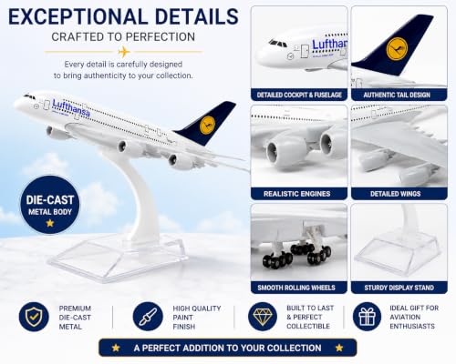 Image of Lufthansa Airbus A380-800 Die-Cast Metal Airplane Model with Display Stand | 18 cm Aircraft Collectible | Desktop Office Decor | Aviation Gift for Kids & Adults | Scale Model Plane