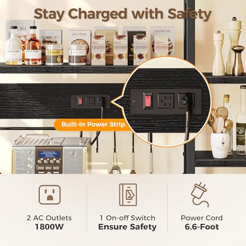 Image of SUPERJARE Large Bakers Rack with Power Outlets, 6-Tier Microwave Stand, Coffee Bar with 12 S-Shaped Hooks, Kitchen Shelf with Wire Basket, 39.4 x 14.6 x 66.9 Inches, Black