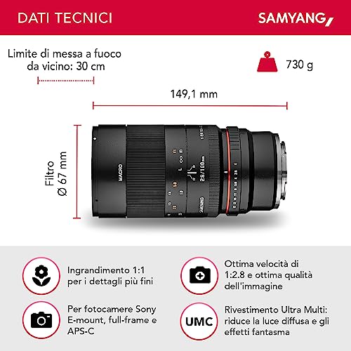 Samyang Mf 100Mm F2.8 Macro Per Sony E - Teleobiettivo Macro Per E-Mount, Adatto Per APS-C E Full Frame, Messa A Fuoco Manuale - Compatibile Con A6100, A6400, A6600, A6500, A1, A7S Iii, A7C, A9 Ii - 2