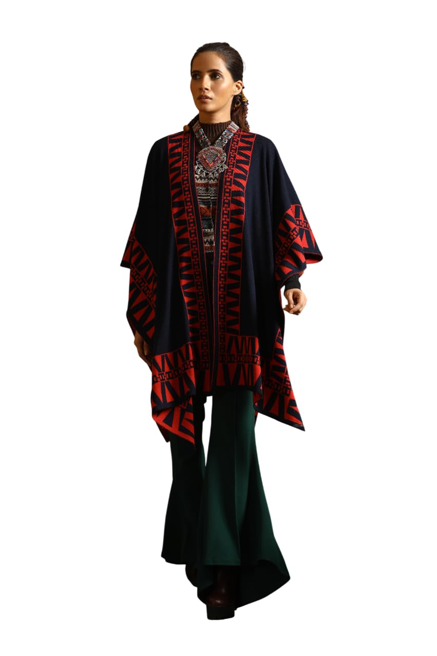 Stylish Women’s Cape | Draped Shawl Style Open Front Layer | Structured Textured Fabric with Contrast Border Detailing | Refined Indo-Western Fashion Wrap, Navy/Red-image-35