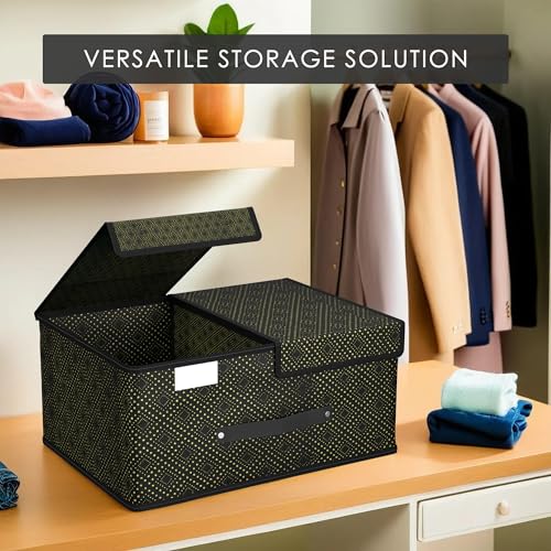 Image of Kuber Industries Non-Woven (Pack of 2) Cloth Organizer for Wardrobe (Small) Foldable Storage Box with Double Lid | Drawer Organiser | Golden Dot | Black