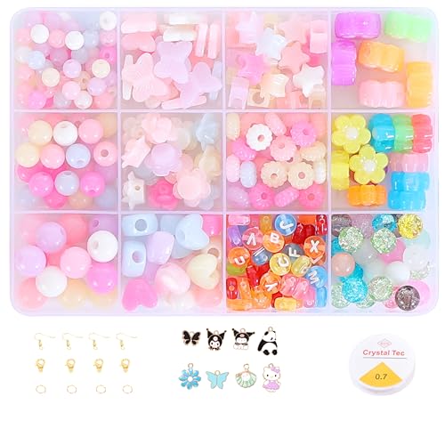 Image of Ambitieux DIY Bracelet Making Kit for Girls - 12 Types 340+ pcs Colorful Beads with 8 pcs Charms, Elastic Thread, Earrings, Clasps & Rings - Jewellery Craft Kit for Kids, Birthday Return Gift, Rakhi Special Set for 2 3 4 5 6 7 8 9 10 years (Pink shade kit)