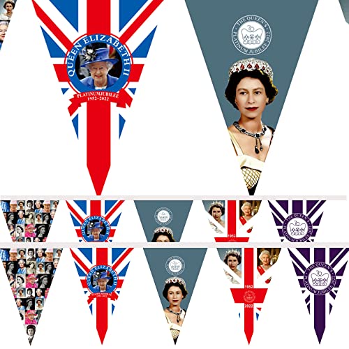 Decoraciones de jubileo de platino 2022, 20 banderines vintage Union Jack para Queens Platinum Jubilee, 5 patrones, bandera temática patriótica del Reino Unido para Queens Jubilee 2022 Cover