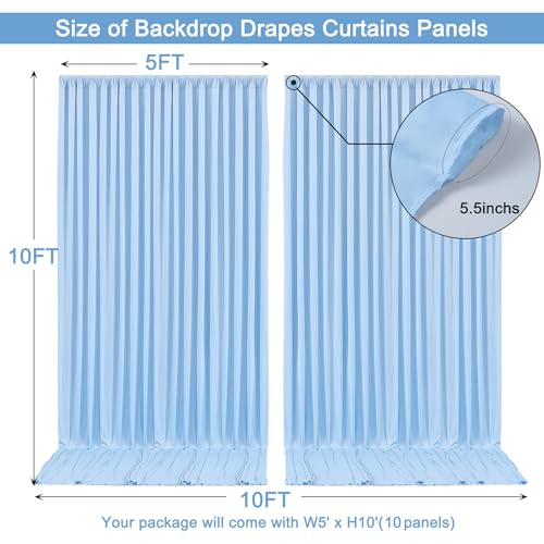 Image of 50x10ft Baby Blue Backdrop Curtain for Wedding Parties Wrinkle Free Fabric Light Blue Drapes Backdrop Decoration for Baby Shower Birthday Photography Decoration 10 Panels, 5ft x 10ft