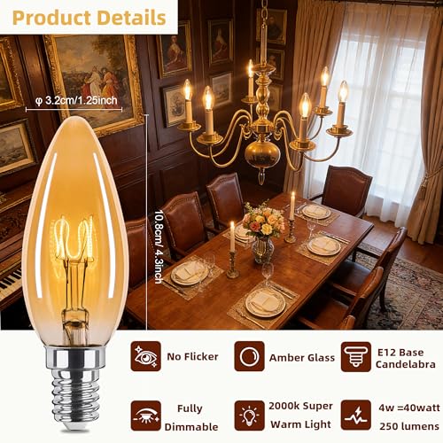 Image of Amber Candelabra Light Bulbs 40W Equivalent 4W E12 LED 2000K Dimmable 6PK