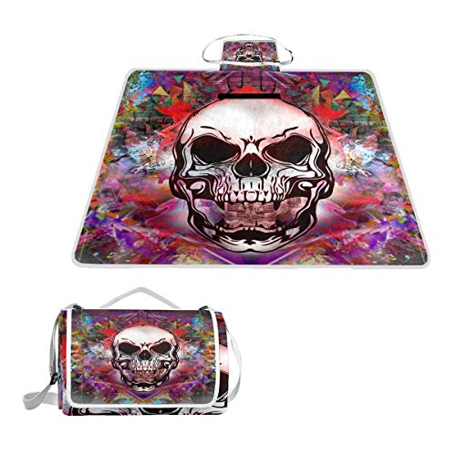 LZXO Jumbo-Picknickdecke, faltbar, Bunte Totenkopf-Malerei, groß, 145 x 150 cm, wasserdicht, handliche Matte, Tragetasche, kompakte Outdoor-Matte mit Griff für Outdoor-Reisen, Camping, Wandern.