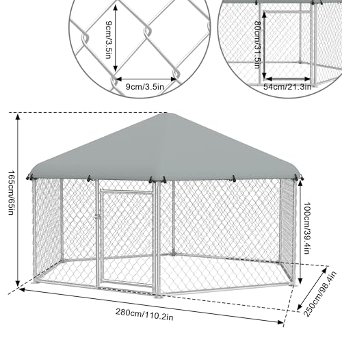 FIVMEN Outdoor Hundezwinger 280x250x165 cm Groß Hundekäfig Hundehütte Hundehaus Verzinkter Stahl mit Sonnenschutz Dach und Abschließbarer Tür Hundezaun Hundeauslauf Draußen