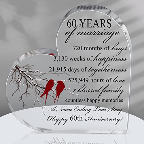 Qunclay 60th Years of Marriage Gift Wedding Anniversary Souvenir Heart Marriage Keepsake Decoration Present for Couple Parent Women Mom Husband Wife He She Friend Grandparents