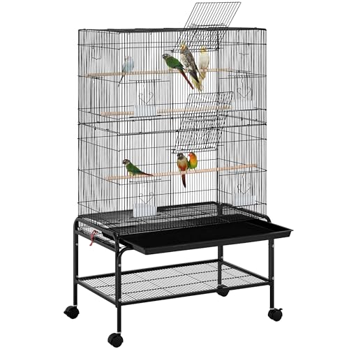 Yaheetech Grande Cage Oiseau sur Pied Volière Canaries Perroquet Grosses Perruches Cacatoès Ara Cage Oiseaux sur roulettes 2 Portes avec Support 79 x 49 x...