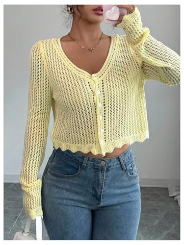OYOANGLE Women's Hollow Out Crochet Cropped Cardigans Long Sleeve V Neck Button Down Knit Tops4