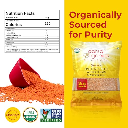 Image of Darsa Organics Split Red Lentils (Masoor Dal) 2 lb |USDA Organic, Non-GMO, Vegan, Kosher| Rich in Protein & Fiber | Great for Soups, Salads & Curries