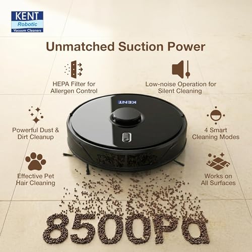Image of KENT RoboKlean R1 Black 2-in-1 AI Robotic Vacuum Cleaner & Mop, 8500Pa Suction, 5200mAh Battery, 3D Mapping, Laser Navigation, Wet & Dry Cleaning, 260 Minutes Run-Time, Floor & Carpet, Anti Fall