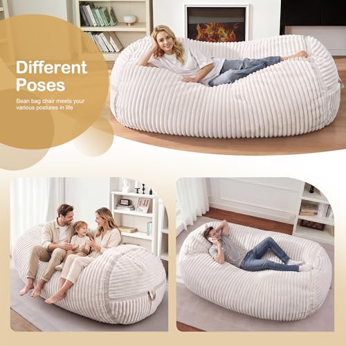 Image of 6FT Bean Bag Chair 6'Giant Bean Bag Chairs with Adults, Large Beanbag Chair | Bean bag Lounger with Machine Washable Cover Corded Plush Fabric, Comfy Chairs for Living Room Bedroom Dorm, Beige