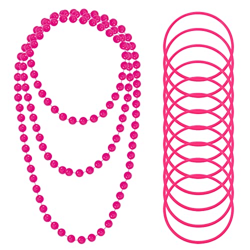 PENTA ANGEL 80s 90s Party Costume Accessory 59 Retro Plastic Neon Beaded Necklace with Silicone Jelly Bracelets for Women (Rose Red)