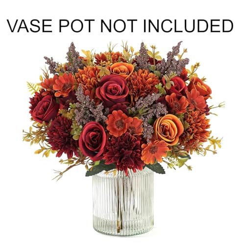 Image of Artificial Flower Bouquet for Home Decoration - 2 Pcs Faux Rose & Daisy Bouquet (Without Pot) Artificial Flowers for Living Room, Bedroom, Office, Vase Decoration (Maroon /Orange)