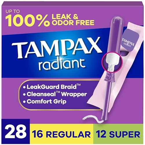 Tampax Radiant Tampons for Women Multipack, with LeakGuard Braid, Regular/Super Absorbency, Unscented, 28 Count