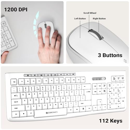 Image of Zebronics Wireless Keyboard & Mouse Combo, 112 UV-Printed Keys, ₹ Key, 8 Multimedia Keys, Retractable Stand, 3 Button Mouse, 1200 DPI, High Precision, USB Nano Receiver (Companion 112, White)