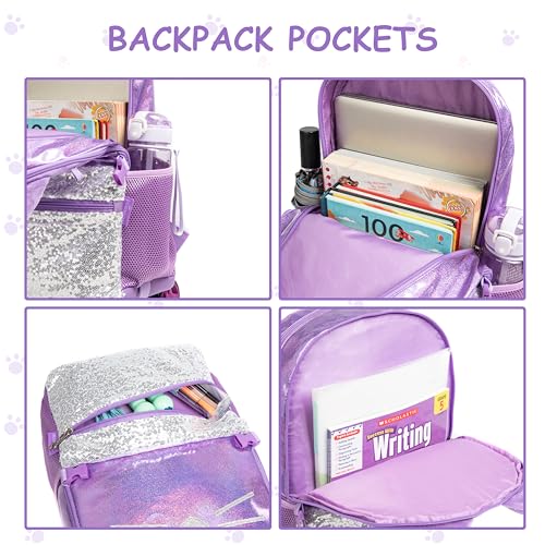 Rolling Backpack for Girls 6-8 with Lunch Bag Pencil Case Rolling Casual Cute Cat Backpacks with Wheels for Elementary Students4