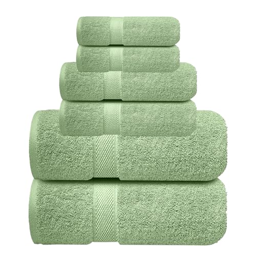 Image of Sulfar 100% Combed Cotton, 6 Pcs Towel Set - 2 Bath Towels (70 x 140 cm), 2 Hand Towels (40 x 70 cm) and 2 Face (30 x 30 cm) (600 GSM, Pack of 6) Nature Green