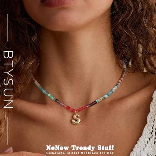 Beaded Initial Necklaces for Women Teen Girl Gifts Trendy Stuff Colorful Gemstone Choker Necklace with Bubble A-Z Stocking Stuffers for Teens Christmas Gifts for Her Birthday Summer Beach Jewelry for Daughter Sister Friend