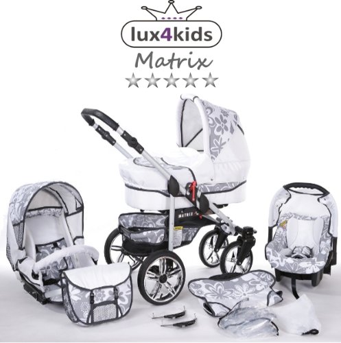 Chilly Kids Matrix II Kinderwagen Komplettset (Autositz & Adapter, Regenschutz, Moskitonetz, Schwenkräder) 65 Weiß & Graphit Blumen