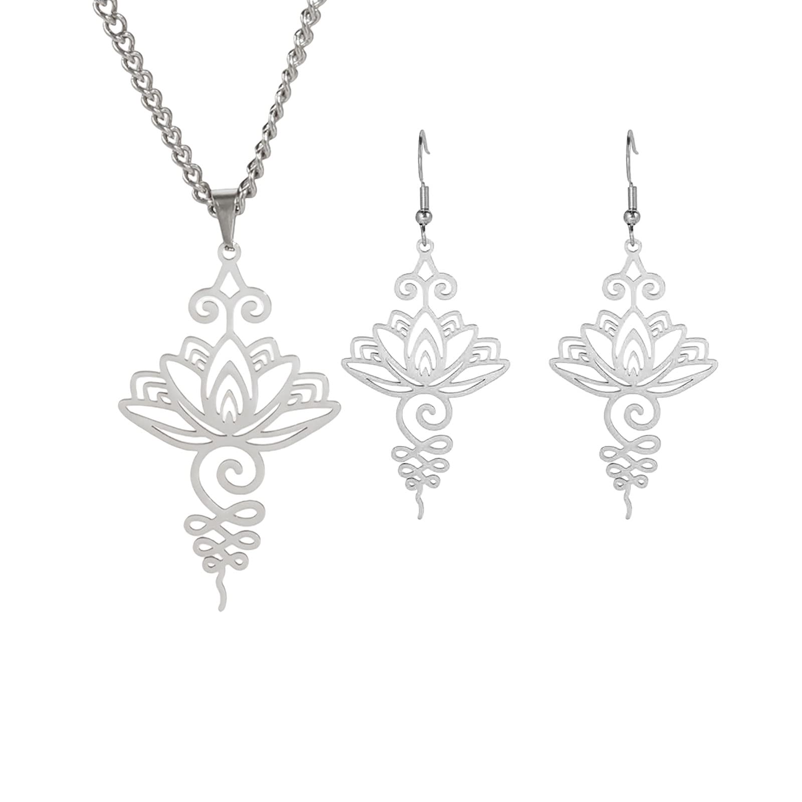 VASSAGO Lotus Flor Colgante Collar de acero inoxidable Unalome Lotus Collar Gargantilla Chakra Símbolo Geometría Hindú Lotus Colgante Joyería Espiritual Regalo para Hombres Mujeres (Plata-Set)